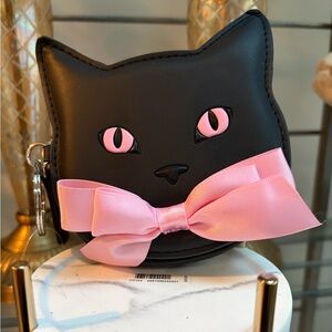 Bath and Body Works Zippered Black Cat Coin Purse with Pink Bow and Clasp NWT